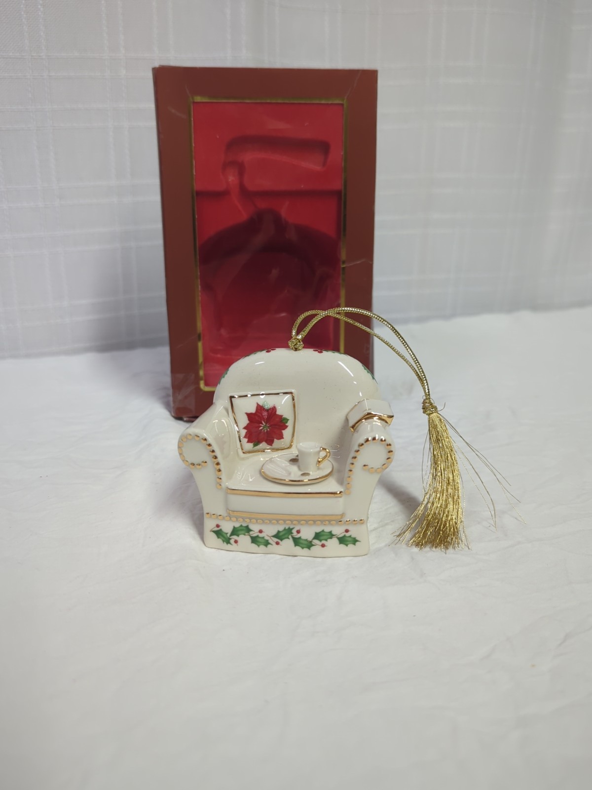 Lenox Holiday Home Chair Poinsettia Christmas Gold Trim Ornament w/Box