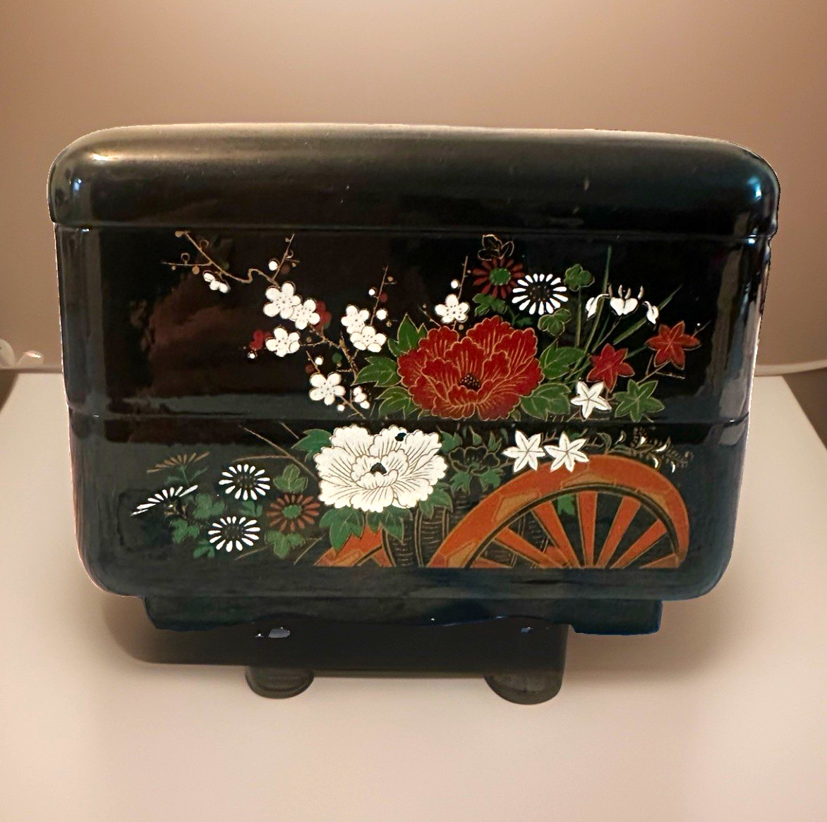 Vintage Japanese Black Lacquer Floral Motif Stacking Jewelry Box 