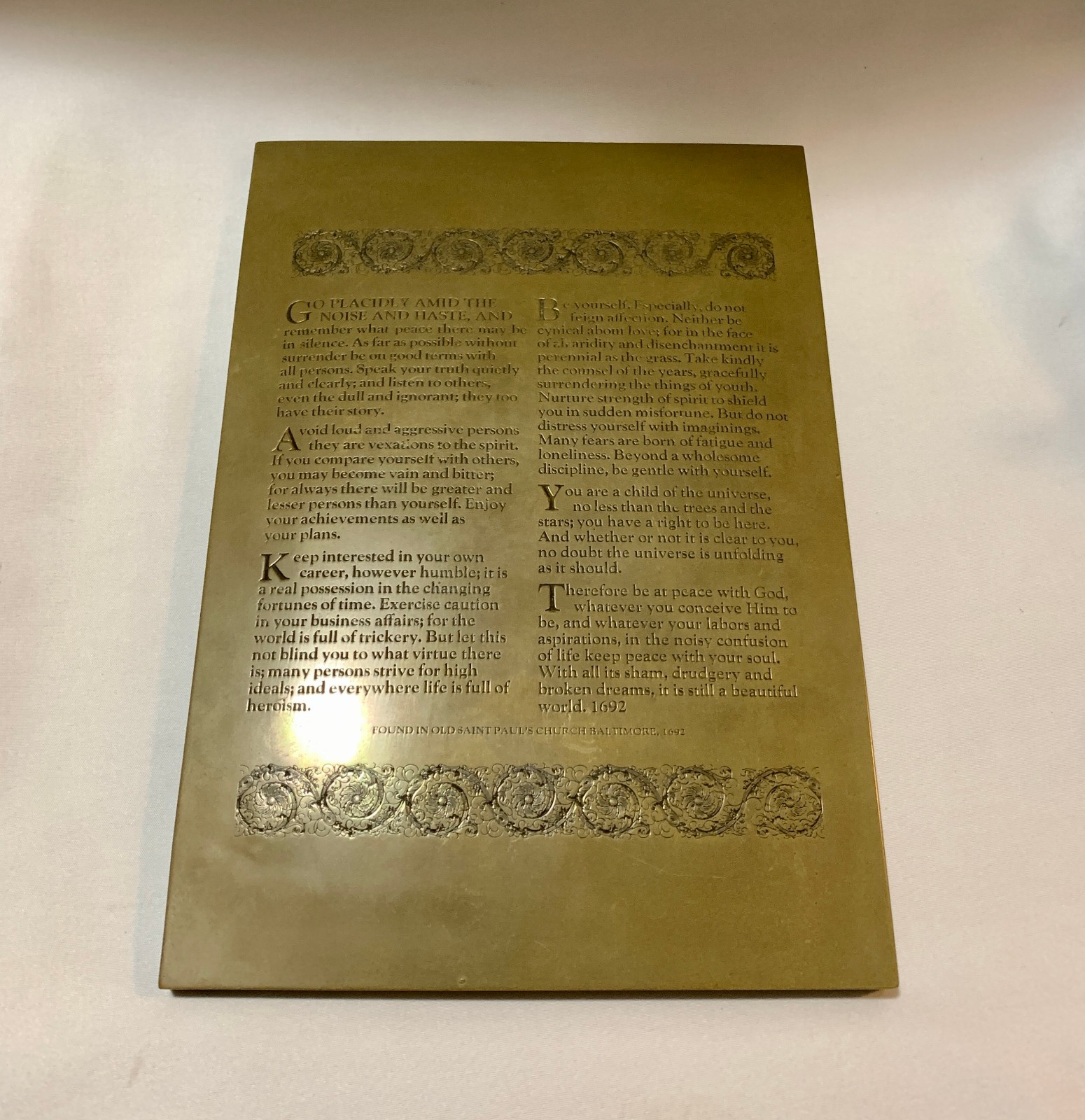 Vintage Desiderata Poem Heavy Engraved Bronze Wall Hanging Plaque 11.5\