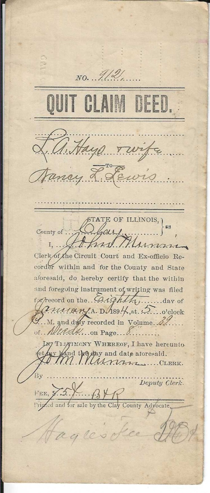 1894 QUIT CLAIM DEED, Louisville in Clay County, Illinois, IL, For 18 Acres