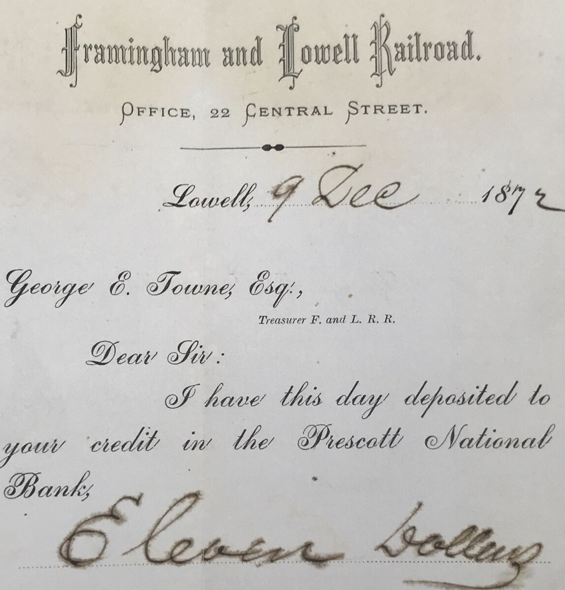 1872 Framingham & Lowell Railroad Letterhead Deposit Receipt Prescott National