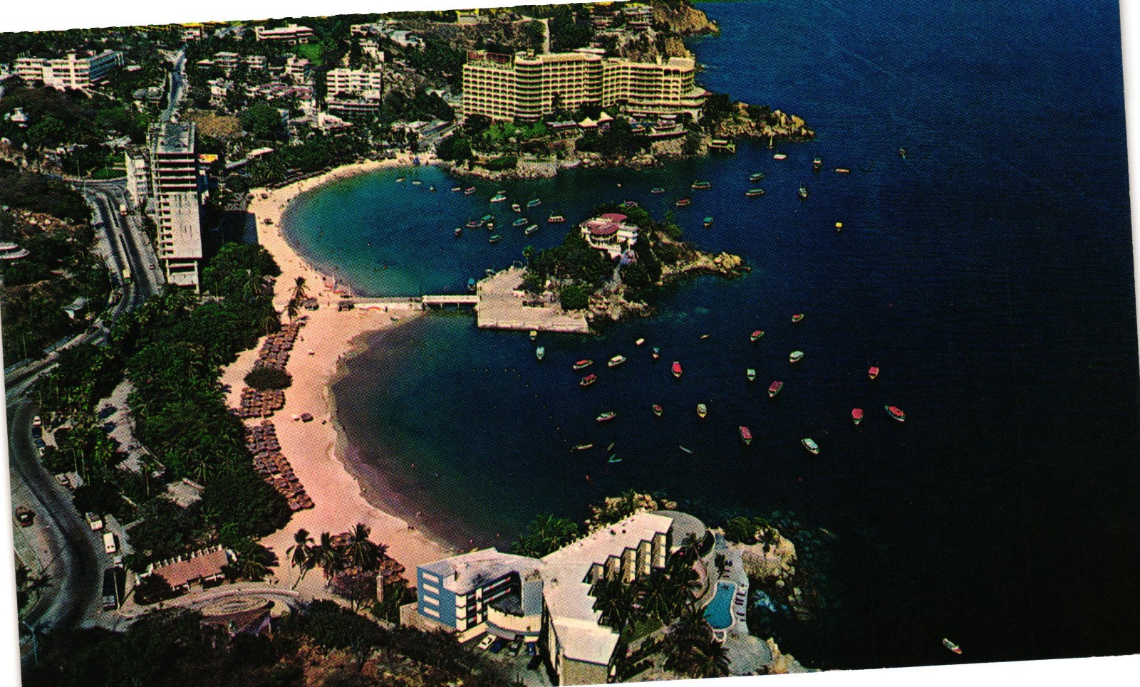 Acapulco Mexico Caleta Beach Aerial View Boats Bay Vintage Postcard