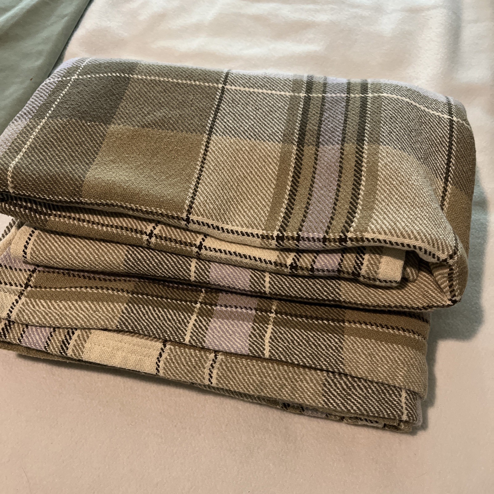 Vintage Ralph Lauren 100% Woven Cotton Tartan Olive Green Lavender Blanket Queen