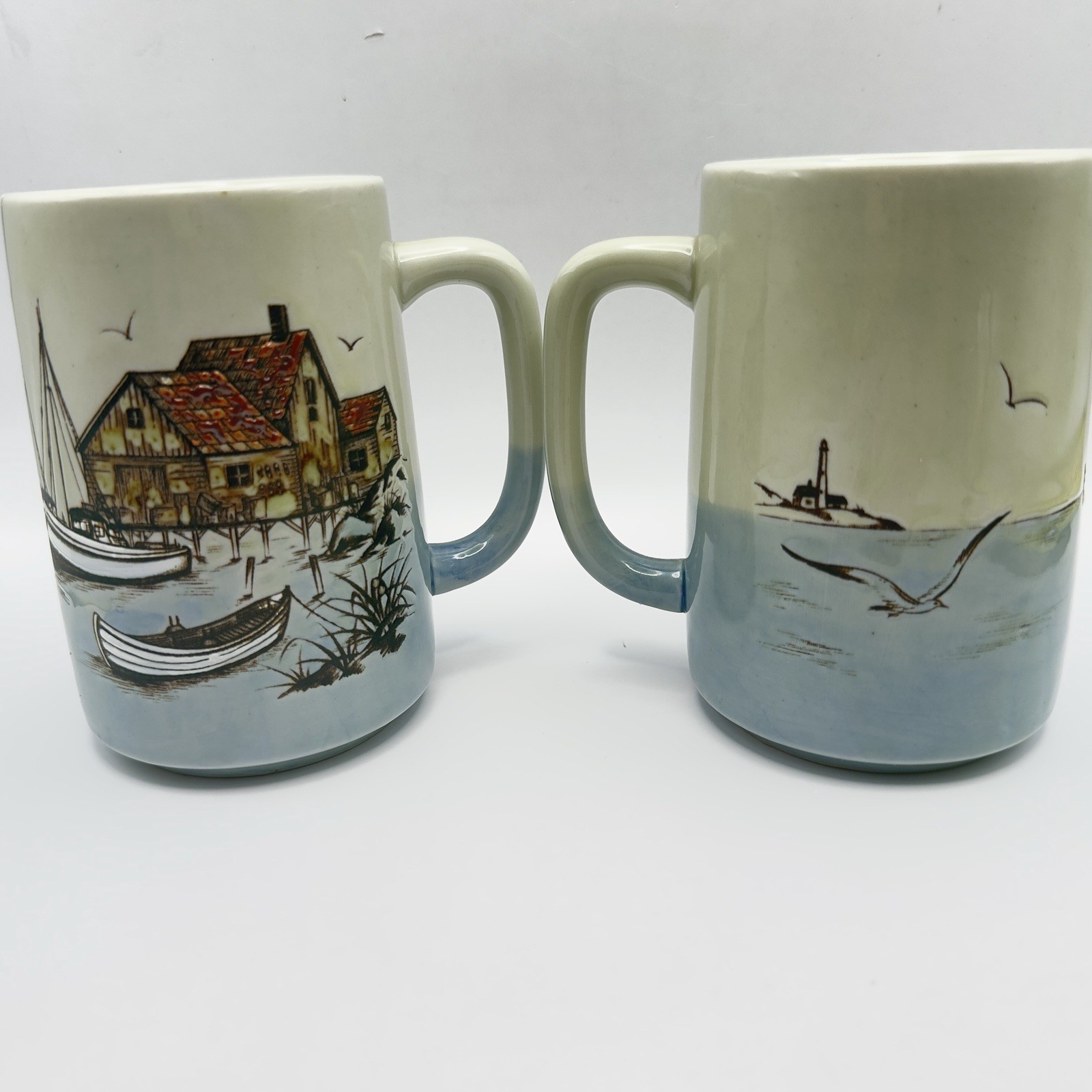 Vtg Otagiri Coastal Mugs Made in Japan Set Of 2 Tall Embossed Blue Cream Mint
