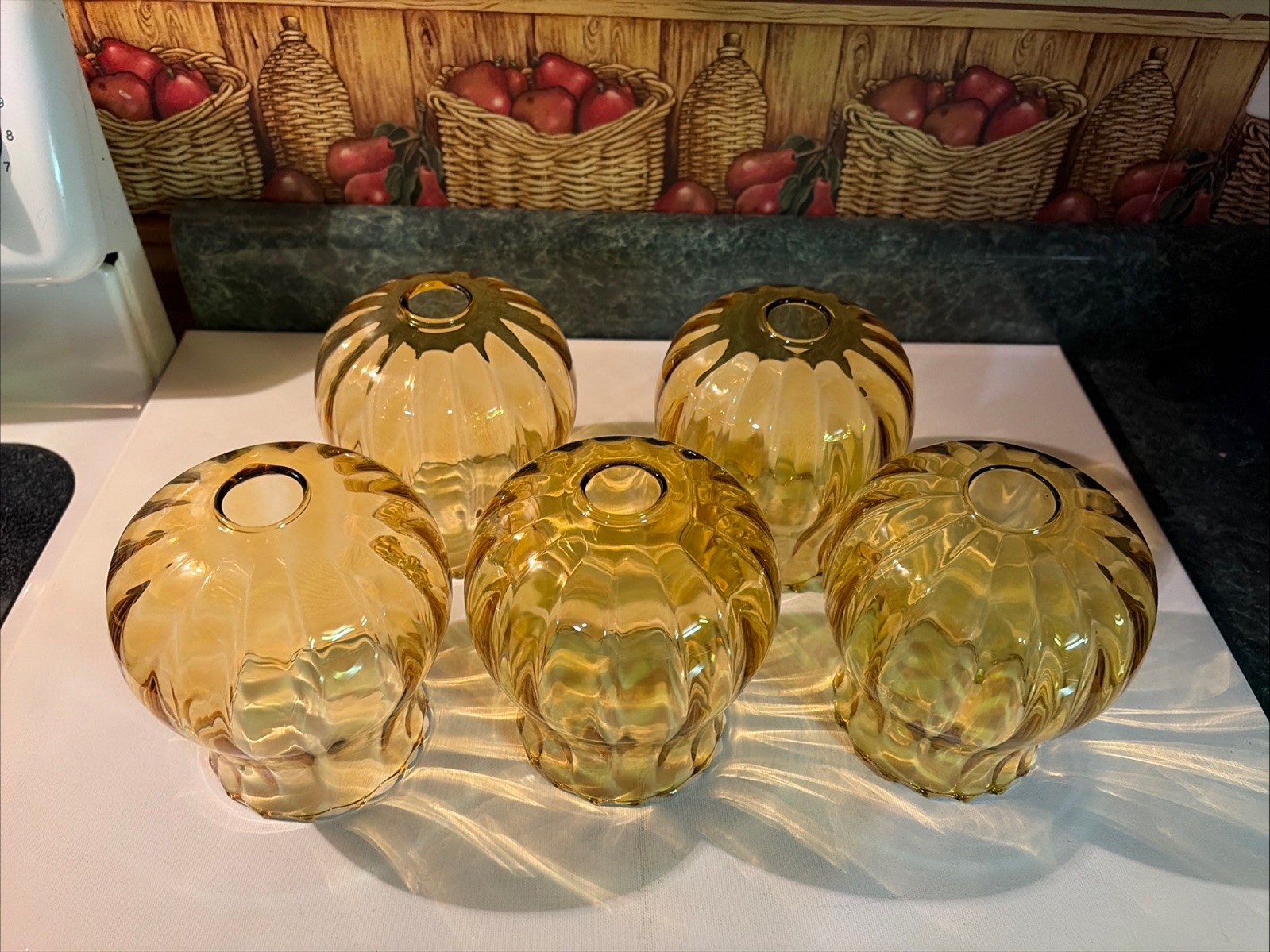 Set A Five Vintage Amber Optic Glass Teardrop Shades