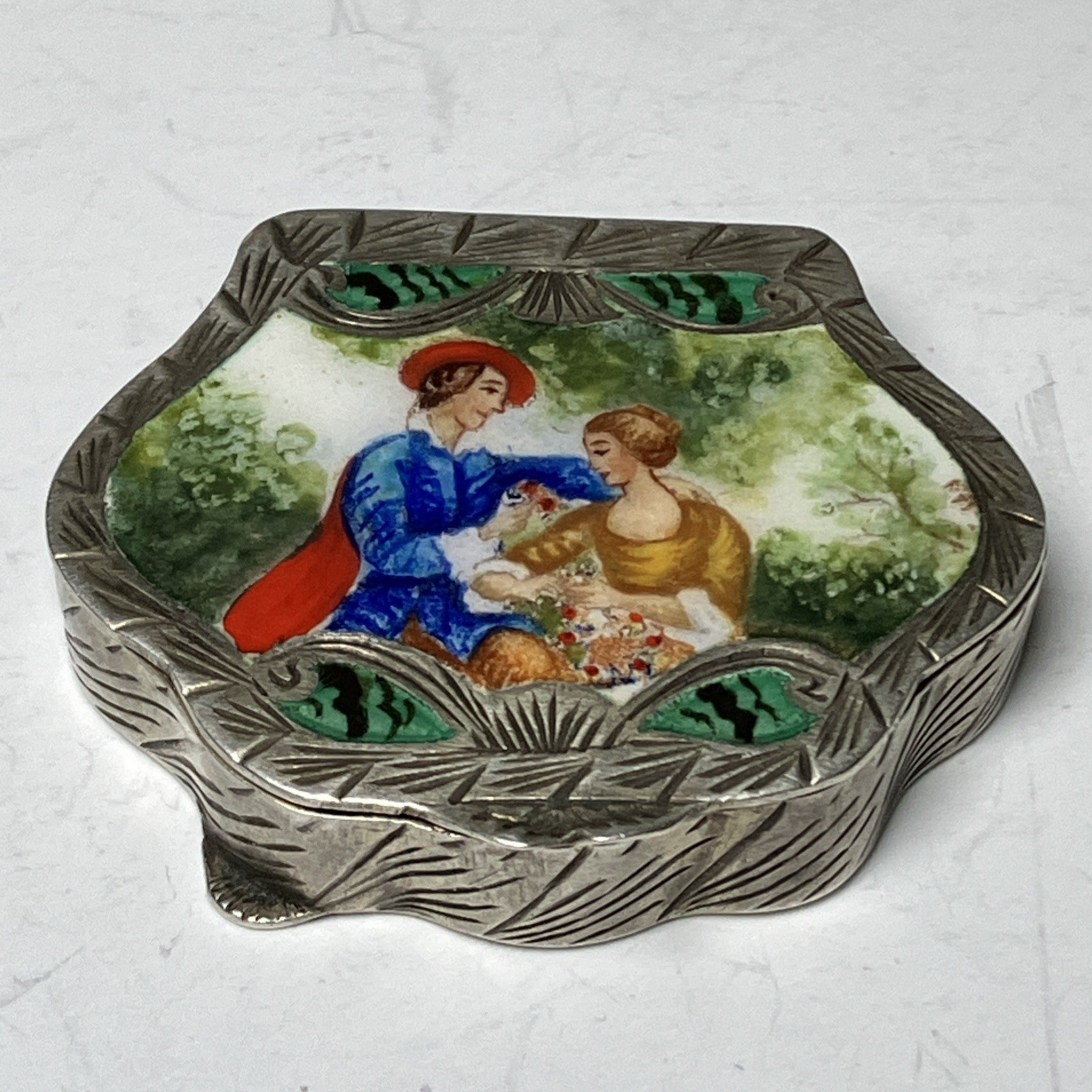 Beautiful Vintage Italian 800 Silver Enameled Box~Hand Painted (Please See Pics)