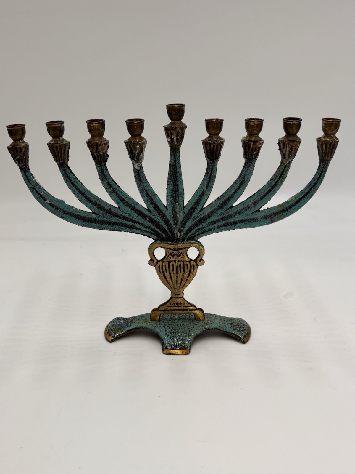 Vintage Meir Cohen Ltd. Brass W Turquoise Green Paint Menorah