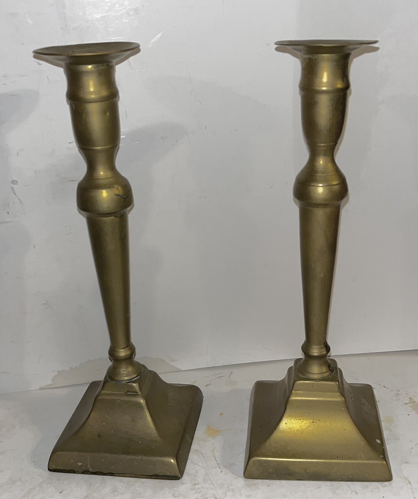 Antique Brass Push-up Candle Sticks 19 C. Pair Queen Anne Spun Brass