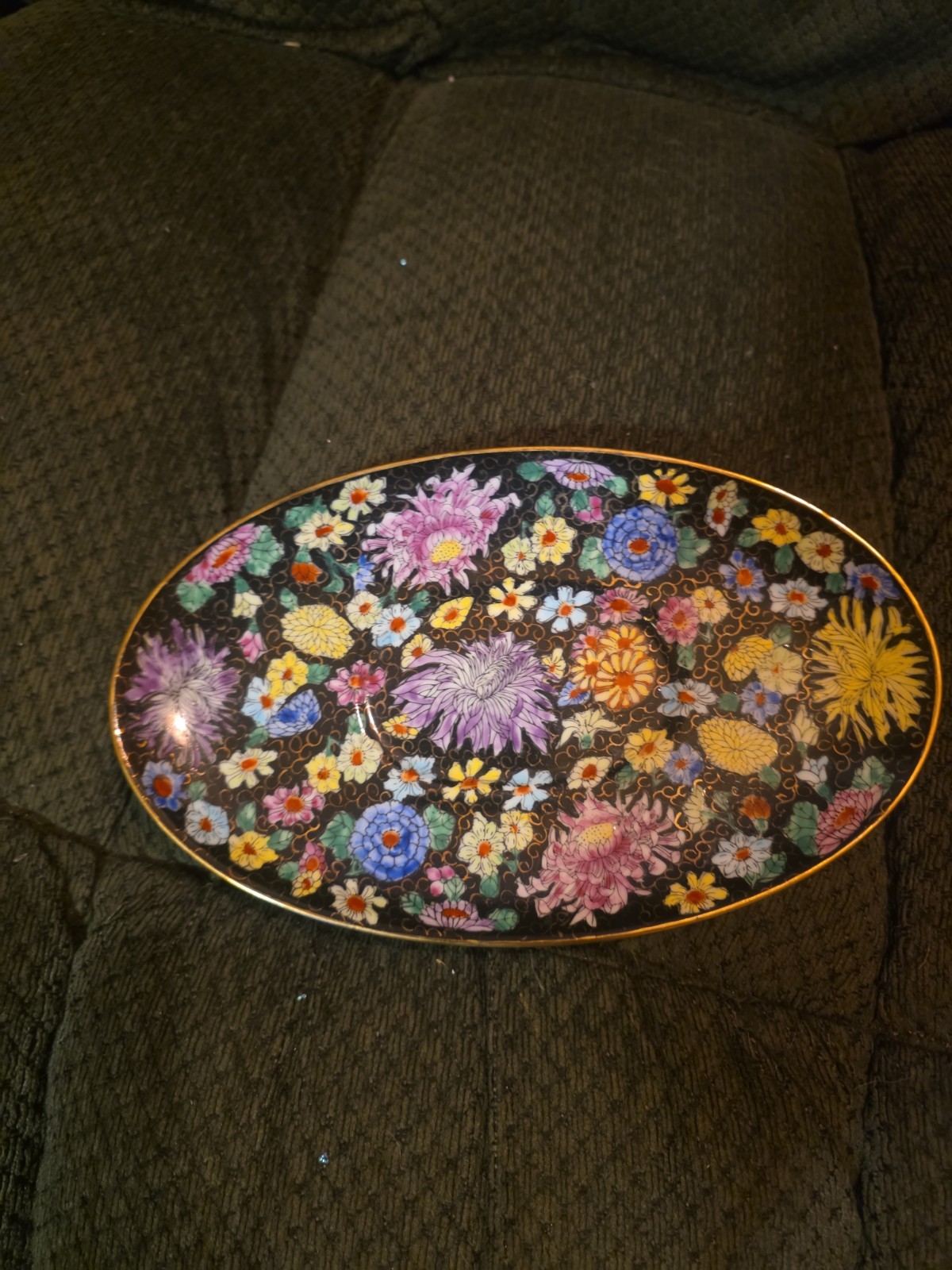 Vtg 70s Guangcai Canton Famille Noire  9x5 Serving Plate Rare FLOWERS Ding ❤️ 