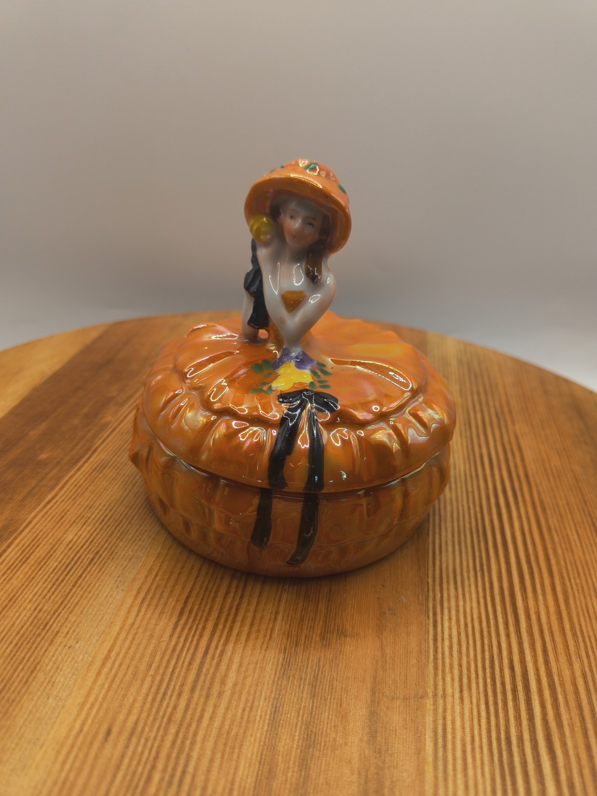Vtg Art Deco Orange Lusterware Porcelain Lady Powder Jar Trinket Box
