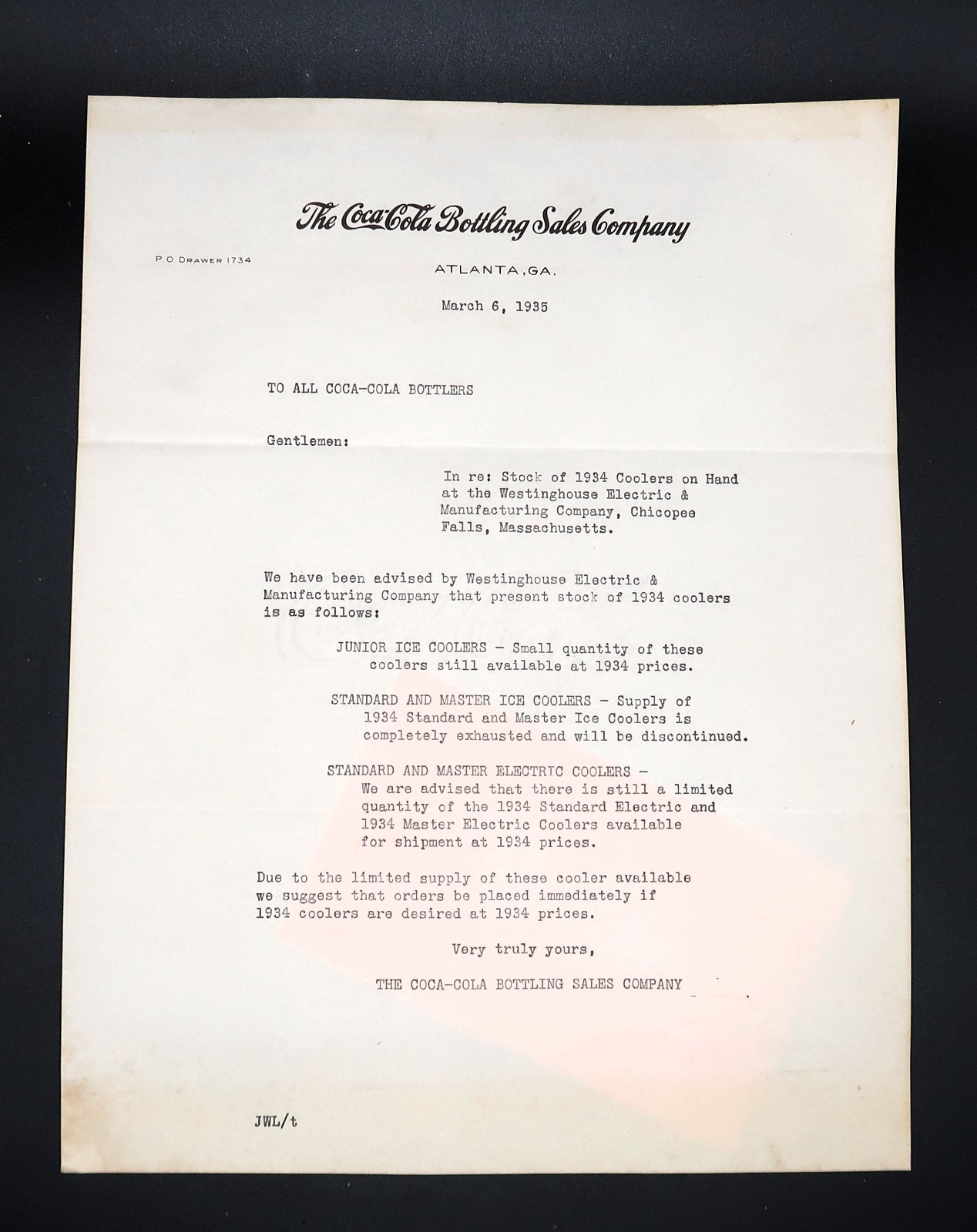 Vtg Coca Cola Coke Rare Ephemera Letter 1934 Cooler Inventory Unusual Subject