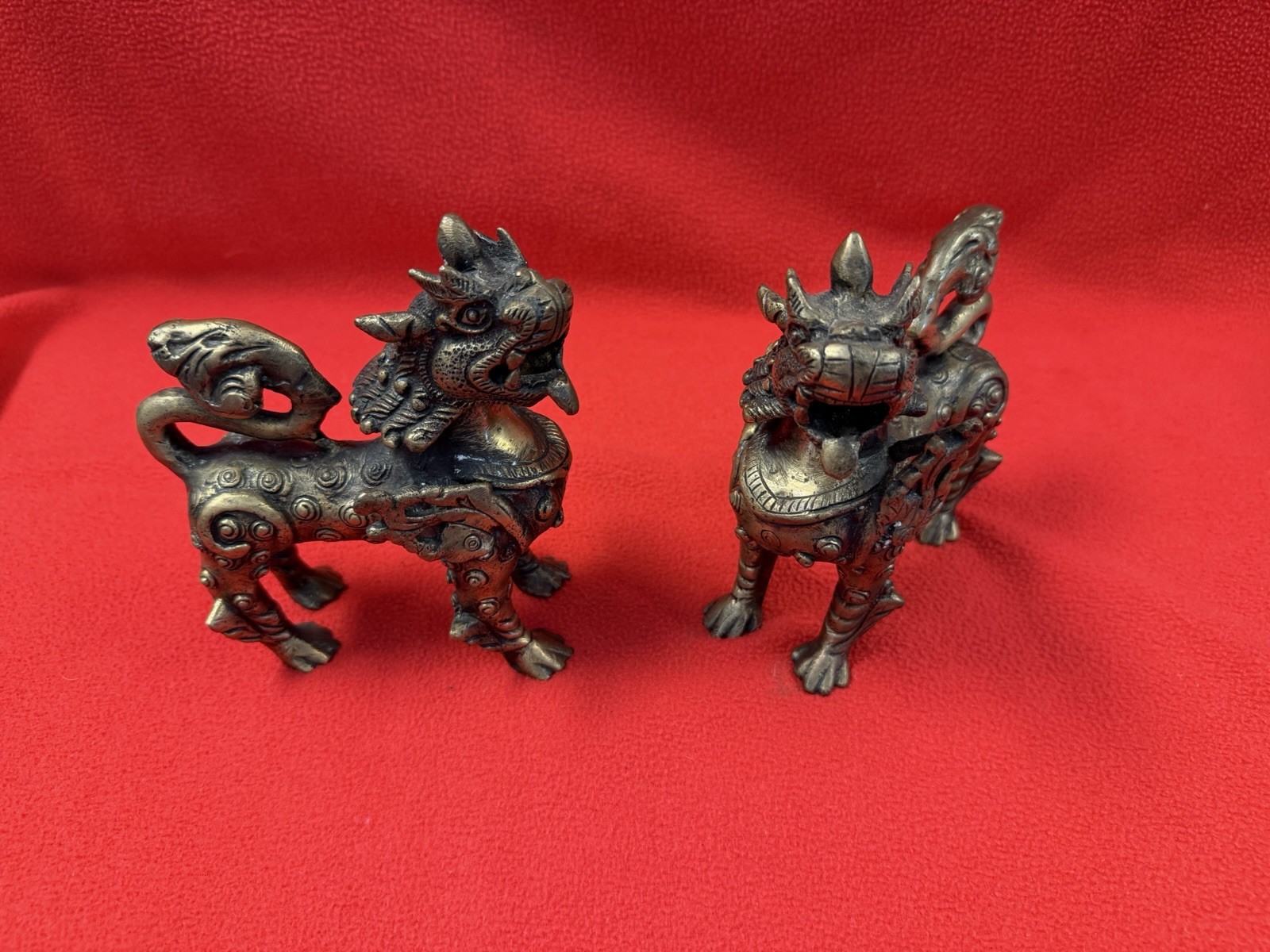 Vintage Pair Chinese Bronze Qilin Kylin Mythical Beast Figures Asian Dragons