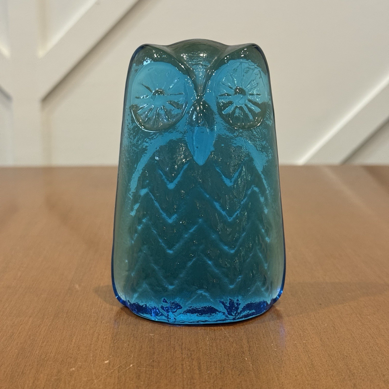Blenko Glass Owl Bookend Blue Cerulean Art Decor 4.5” Tall HEAVY Vintage MCM