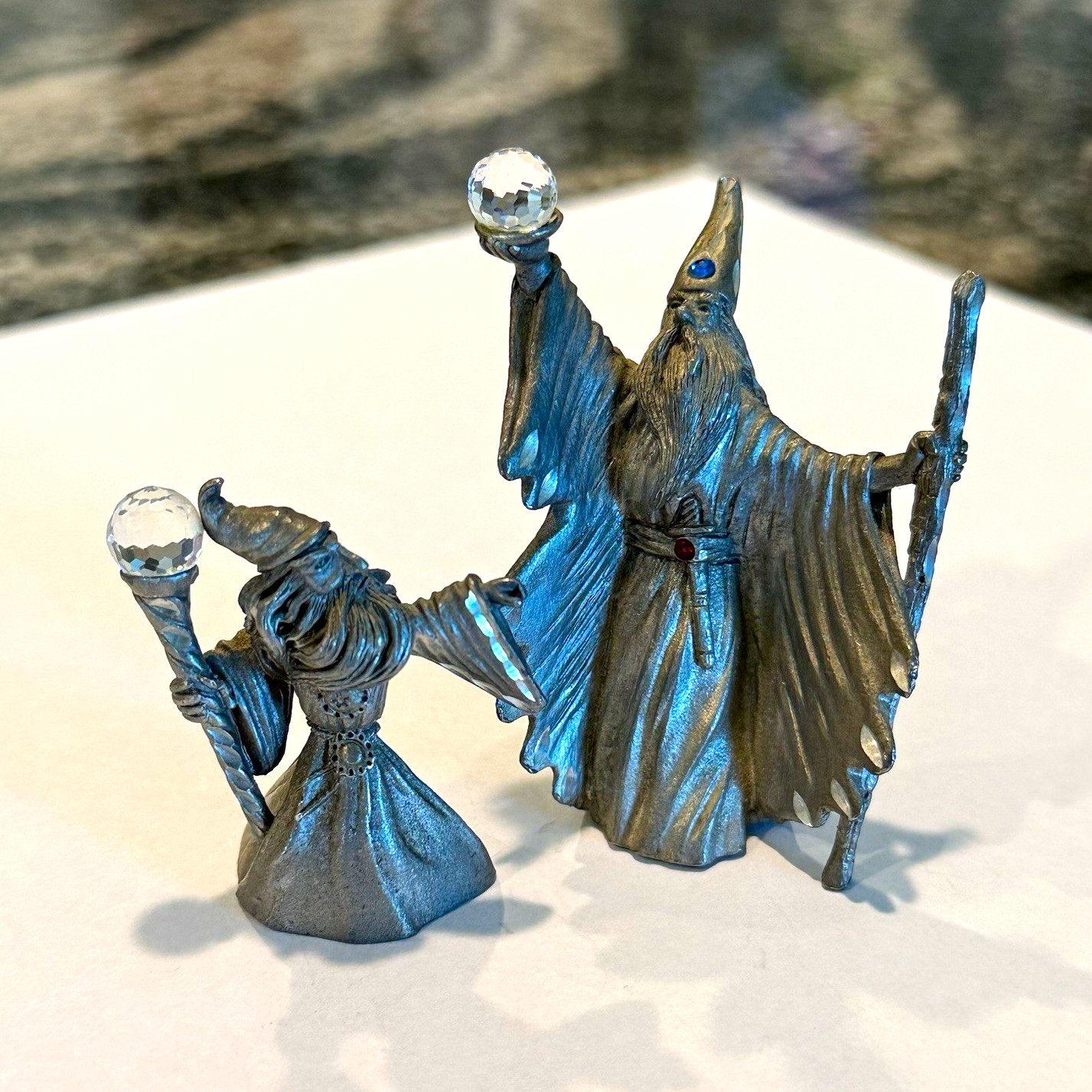 Spoontiques Pewter Wizard Figurines Set of 2 w/ Crystal Orb & Staff 1987