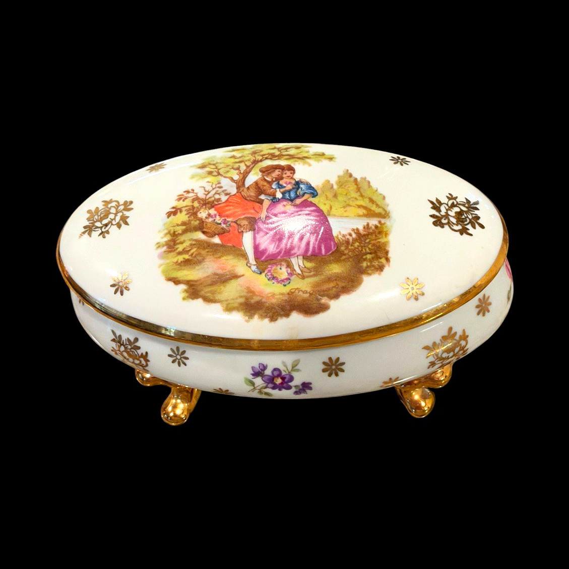 Limoges France Porcelain Footed Oval Lidded Trinket Box Gold Couple Scene
