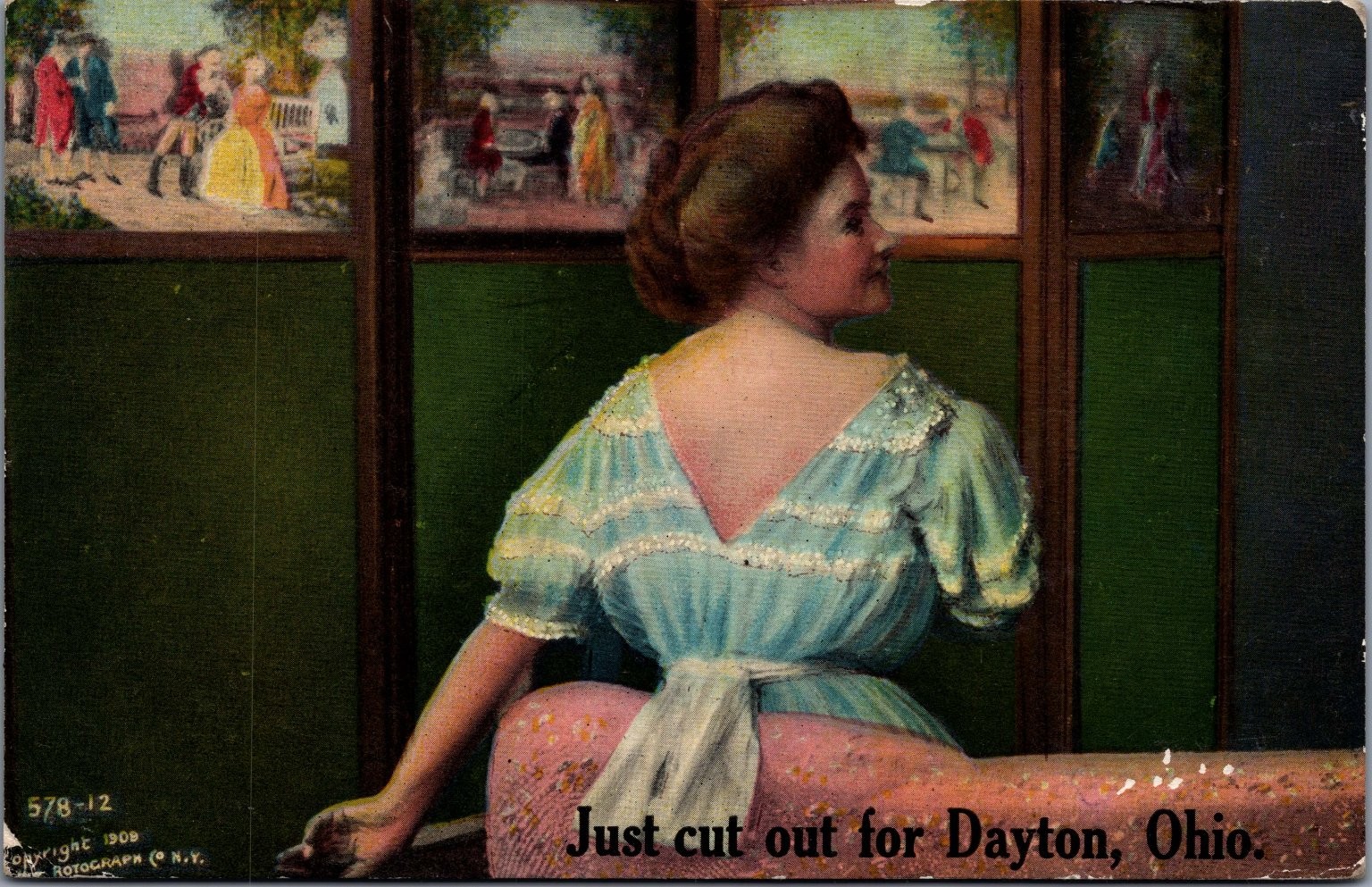 1908 Rotograph Dayton Ohio Comic Postcard Woman Looking at Pictures