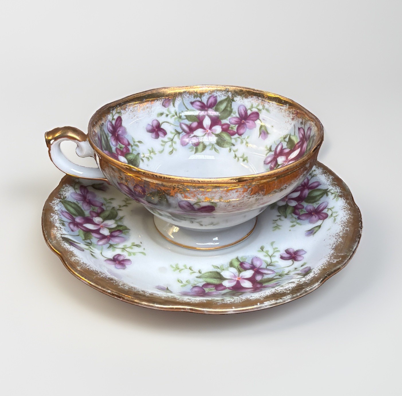 Vintage Lefton Crown Mark Purple Violet Teacup Saucer Set Hand Painted 22k Japan