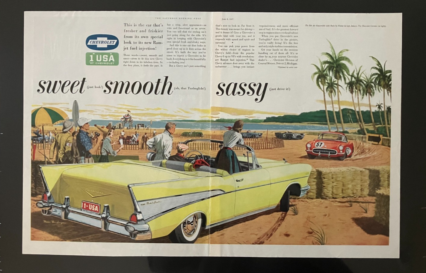 READY to DISPLAY*1957 Chevrolet Belair Corvette*Original*Daytona print ad hd