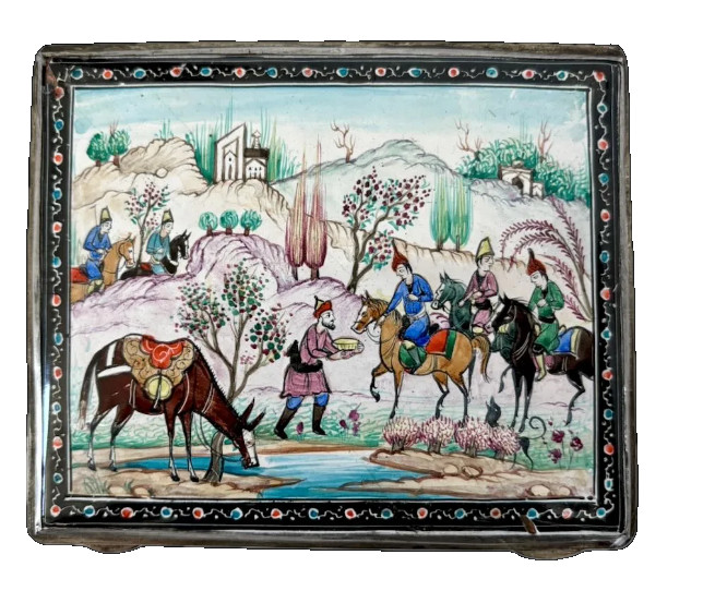 Antique Persian Enamel Cigarette Case with Miniature Painting & Gol-o-Bolbol