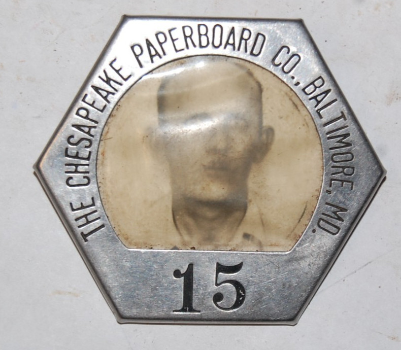 Employee ID badge Chesapeake Paperboard co. memorabilia Baltimore MaryLand WWII?