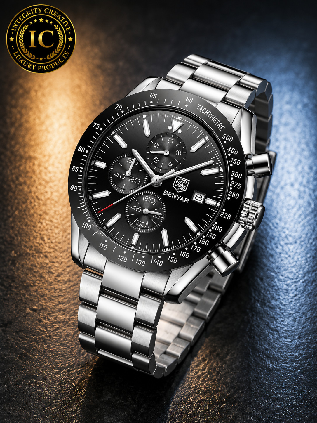 Mens 44MM Luxury Analog Quartz Watch Black Dial Stainless Steel Strap Wristwatch
