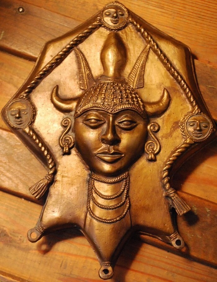 Vtg DHOKRA CAST BRONZE MASK/WALL PLAQUE Handmade India TRIBAL 10.5\
