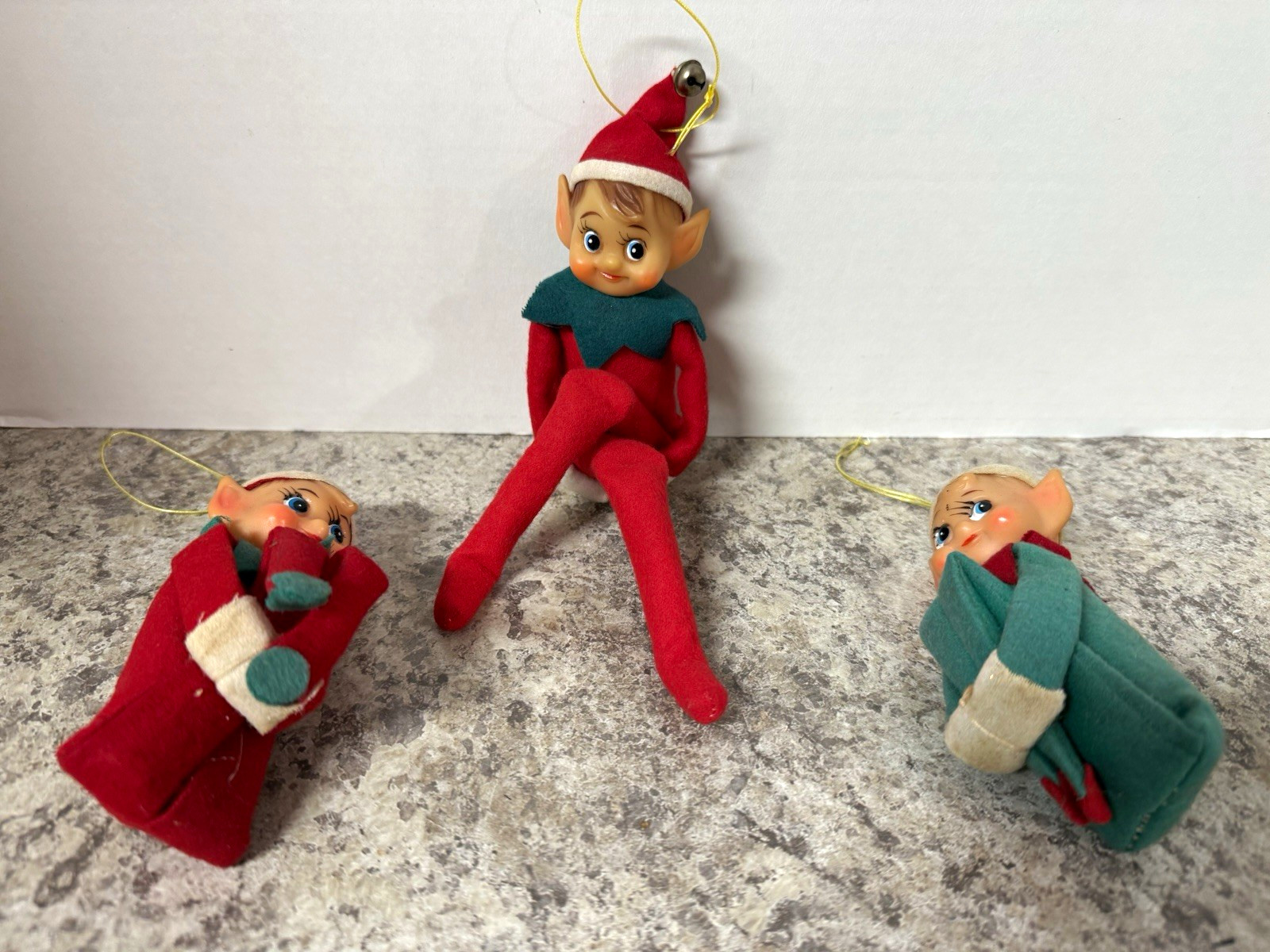 Vintage Made in Japan Felt Elf Christmas Knee Huggers Set of 3 Red Green