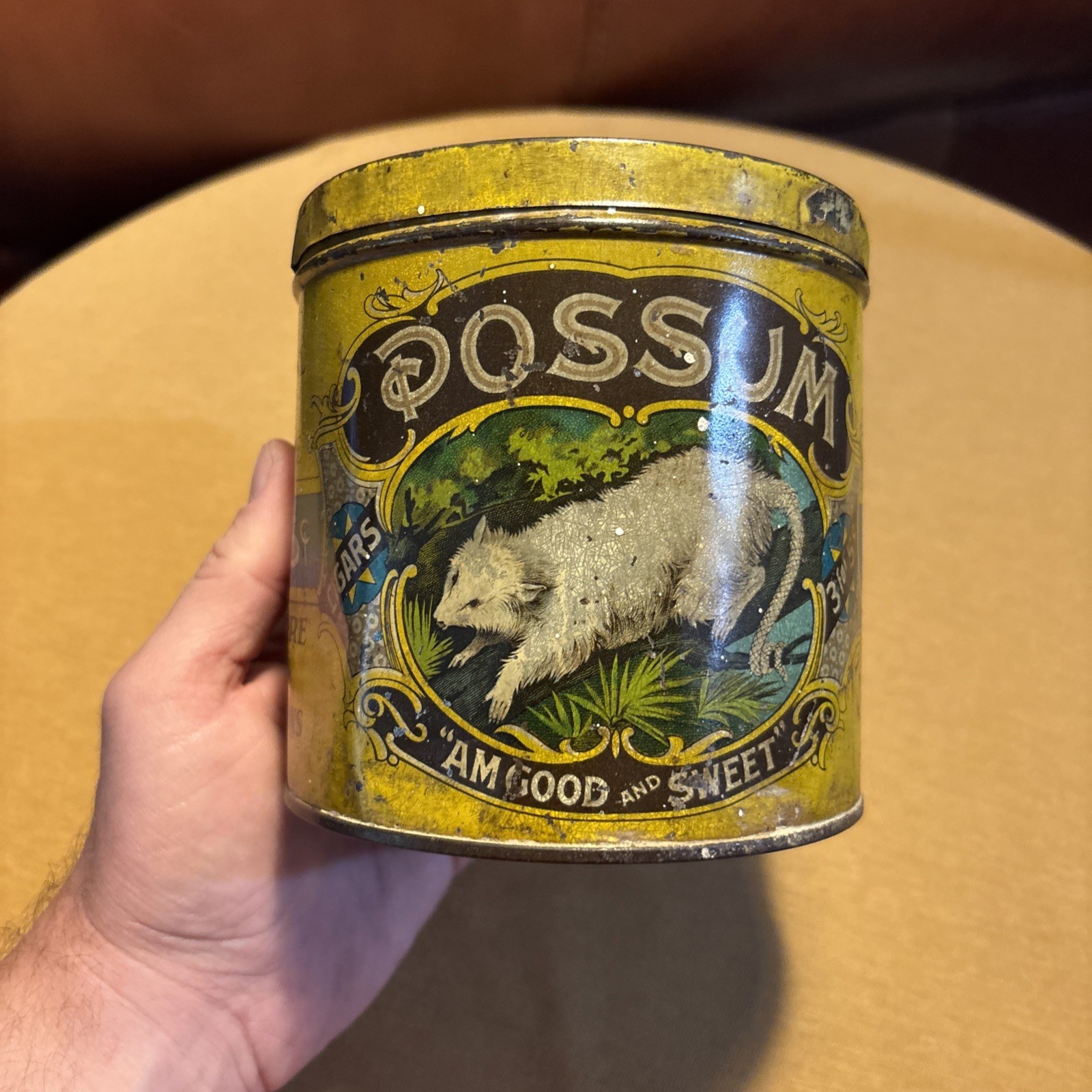 Antique GOOD & SWEET POSSUM CIGARS Tin Litho Advertising Vintage Can with Lid