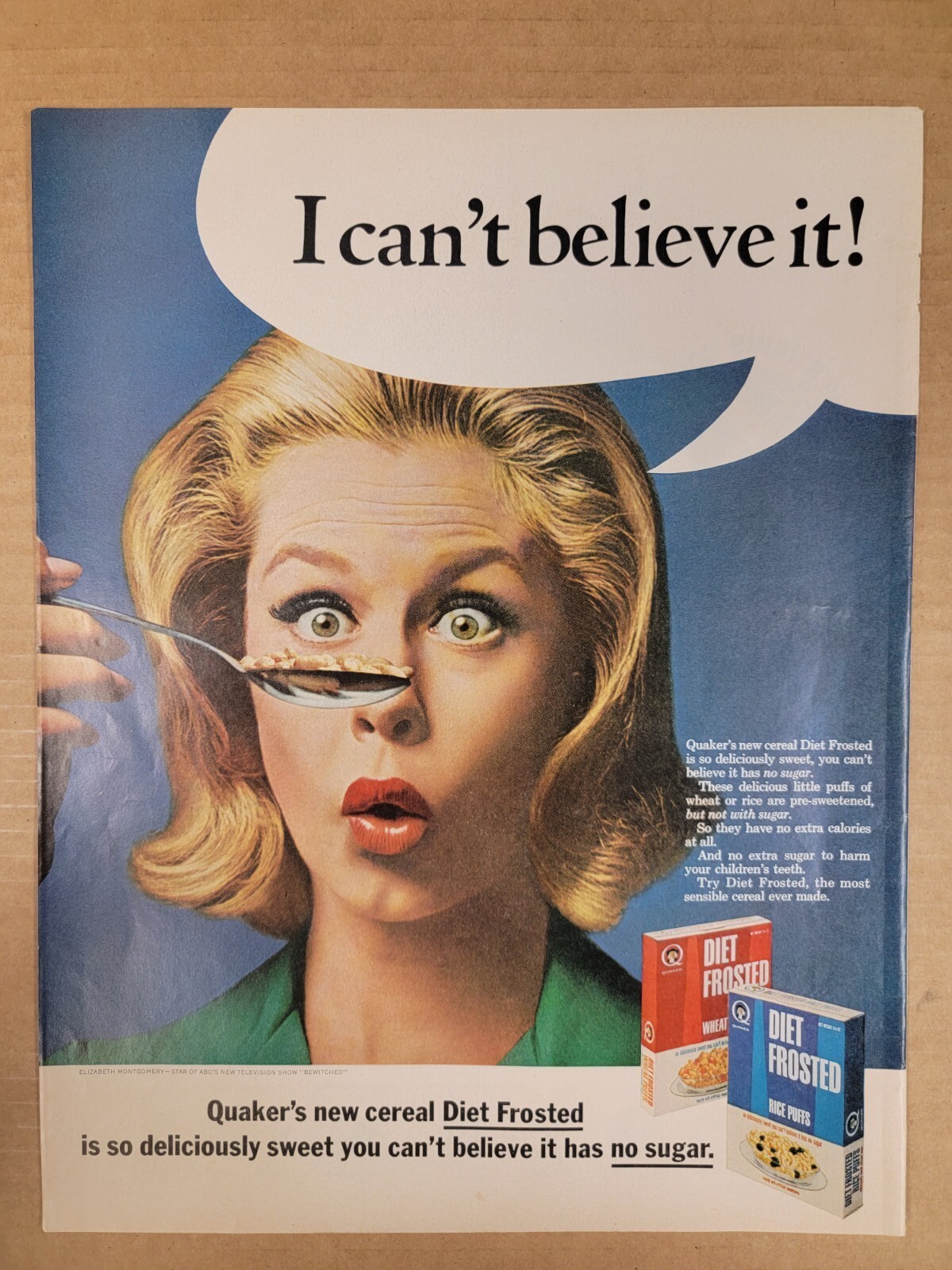 VINTAGE ORIGINAL 1965 Quaker's Diet Frosted Cereal Print Ad I Can't Believe It