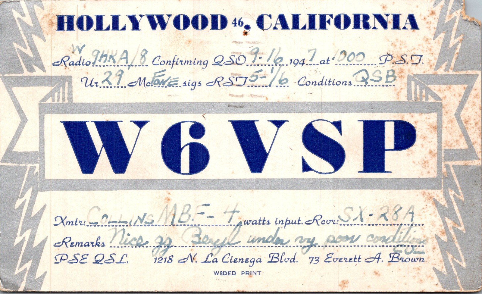 1947 QSL Card W6VSP Hollywood California to W9HKA/8 Mackinaw City M