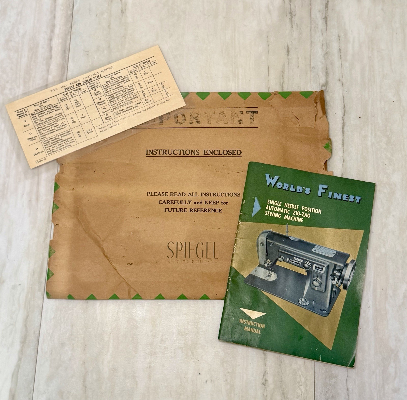 VINTAGE Spiegel Worlds Finest Zig Zag Sewing Machine Manual Lot Envelope Chart