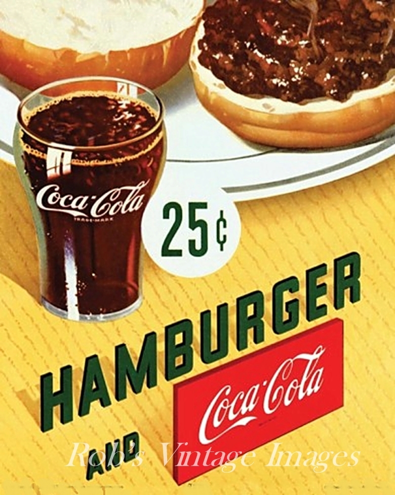 Coca Cola & Hamburger Advertising Poster Drug Store Grill Woolworth’s 1940s-50s