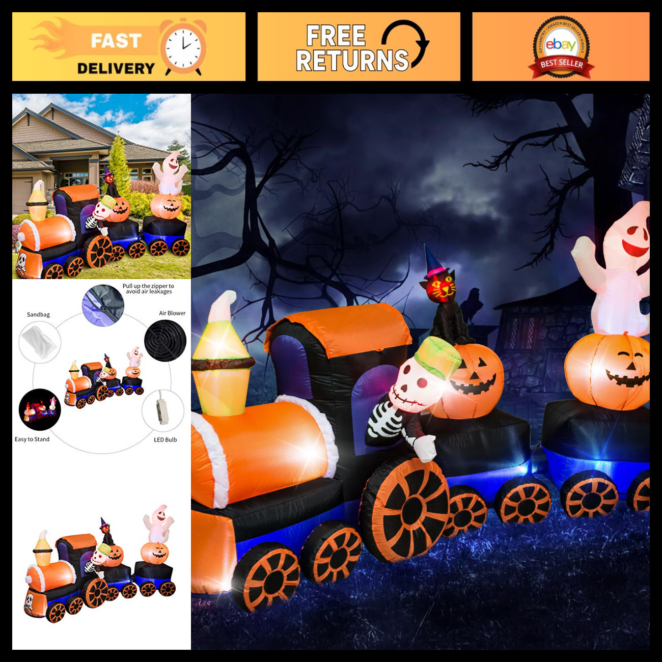 9ft Halloween Inflatable Train with Kittens, White Ghosts & Pumpkins - Yard Deco
