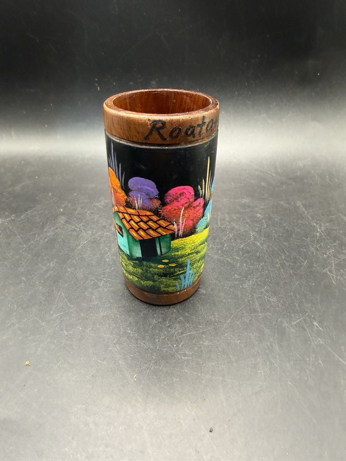 Vintage Roatan Honduras Hand Painted Wood Shot Glass Folk Art Souvenir 