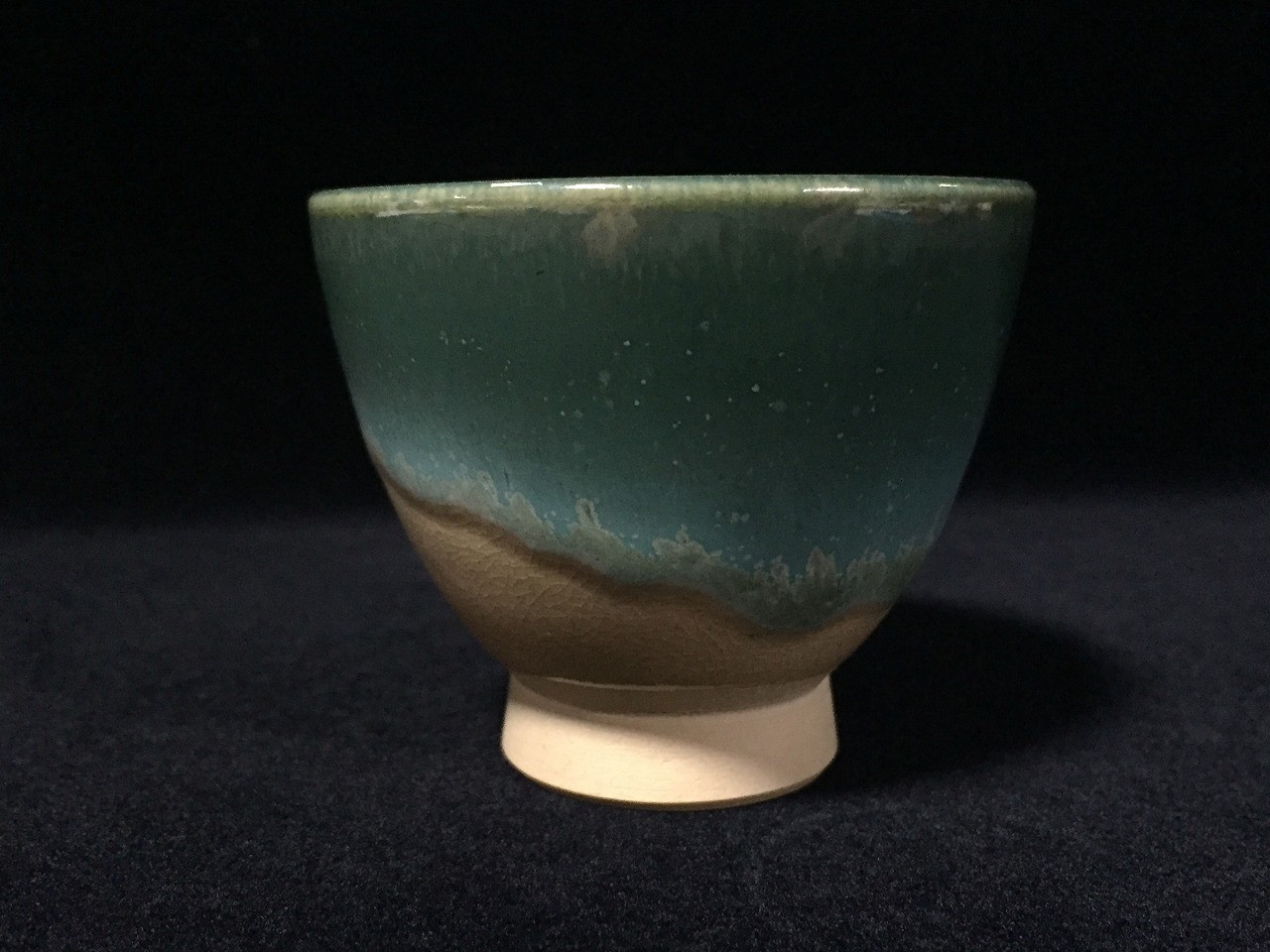 U1858 / Vintage Japanese Sake Cup Green Glazed Ochoko Yunomi Tea Pottery