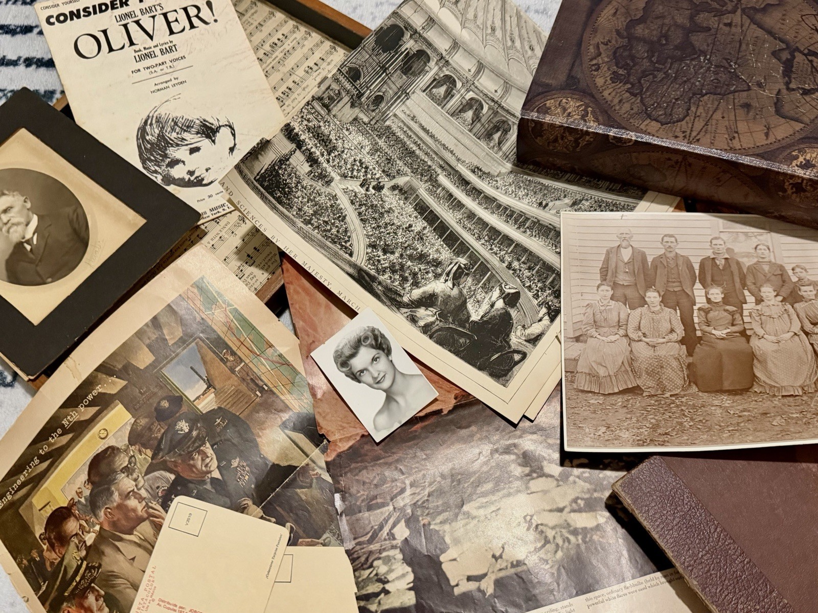 Lot of Antique Ephemera, Old Photos, Trinkets, Wooden Tray, WWll Book, Music…