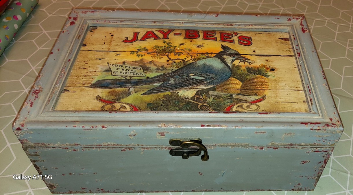 Vintage Wood Box Decorative Blue Jay weathered look 
