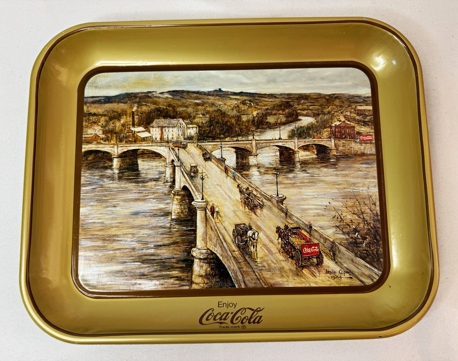 Vintage 1984 Coca Cola Zanesville Ohio Y Bridge Gold Metal Serving Tray 75th
