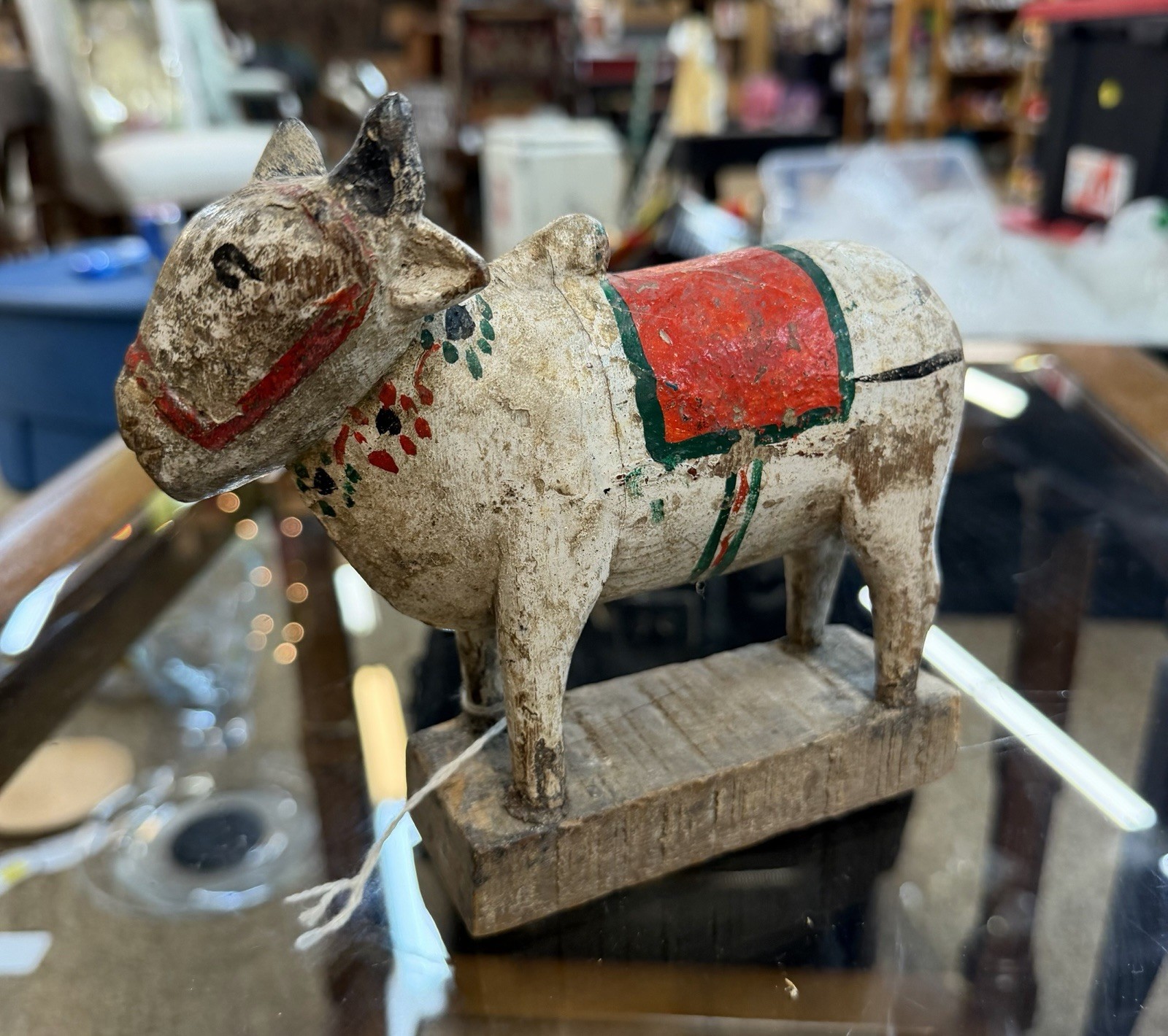 Vintage Old Antique Hand Crafted Wooden Hindu Cow Painted Statue / Figure