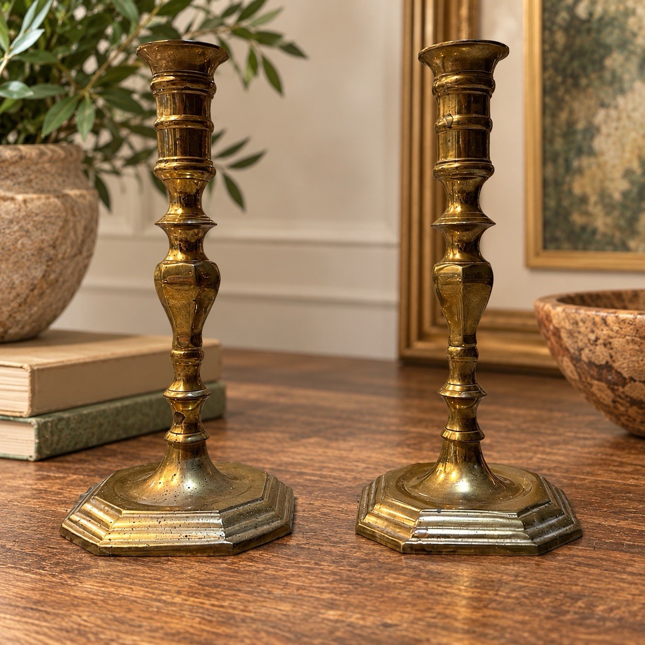 Pair of Vintage Solid Brass Candlesticks - 8.5” Tall- Natural Patina
