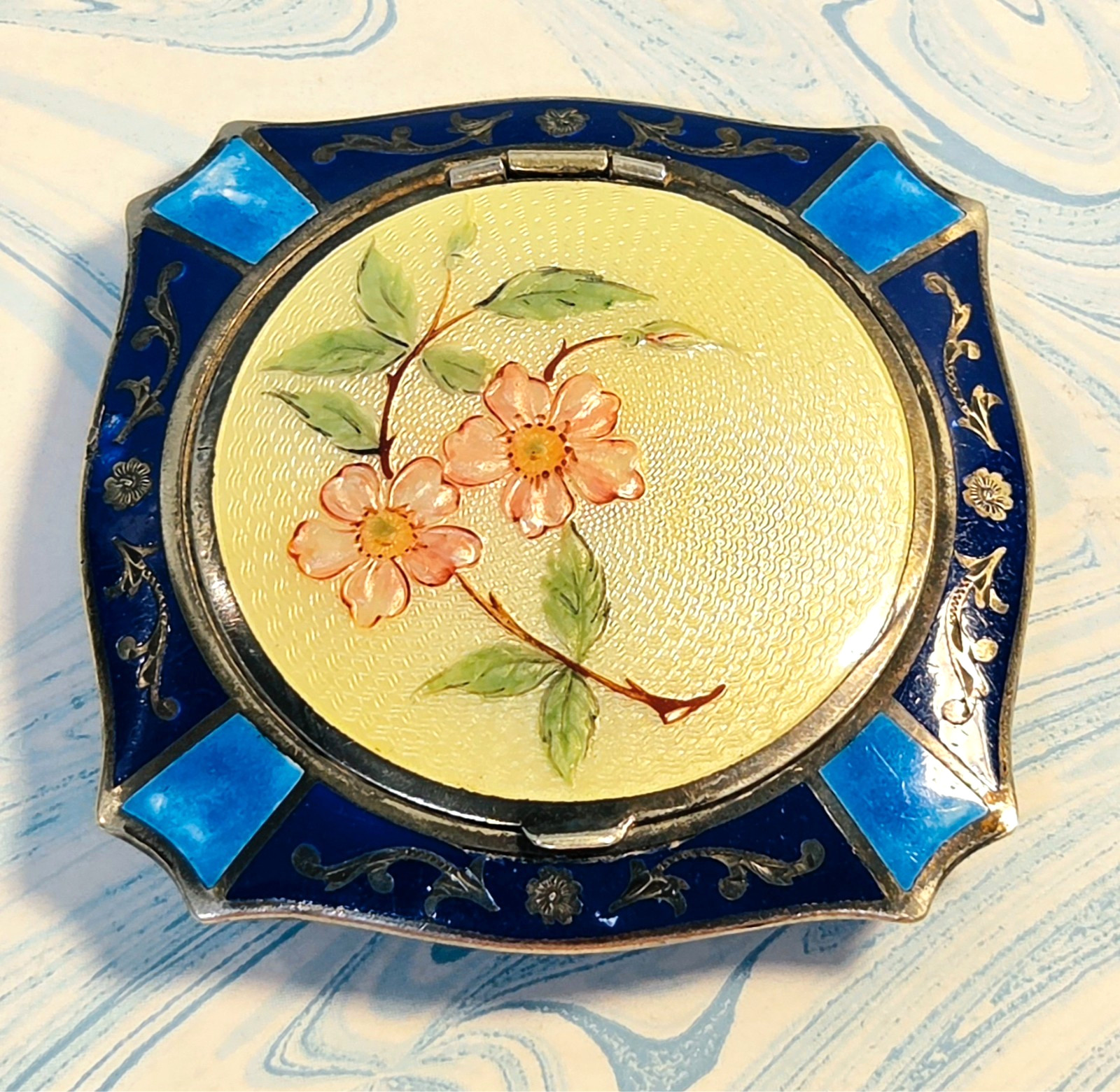 #7 Vanity Antique 1920's Double Sided Guilloche Enamel Powder Compact