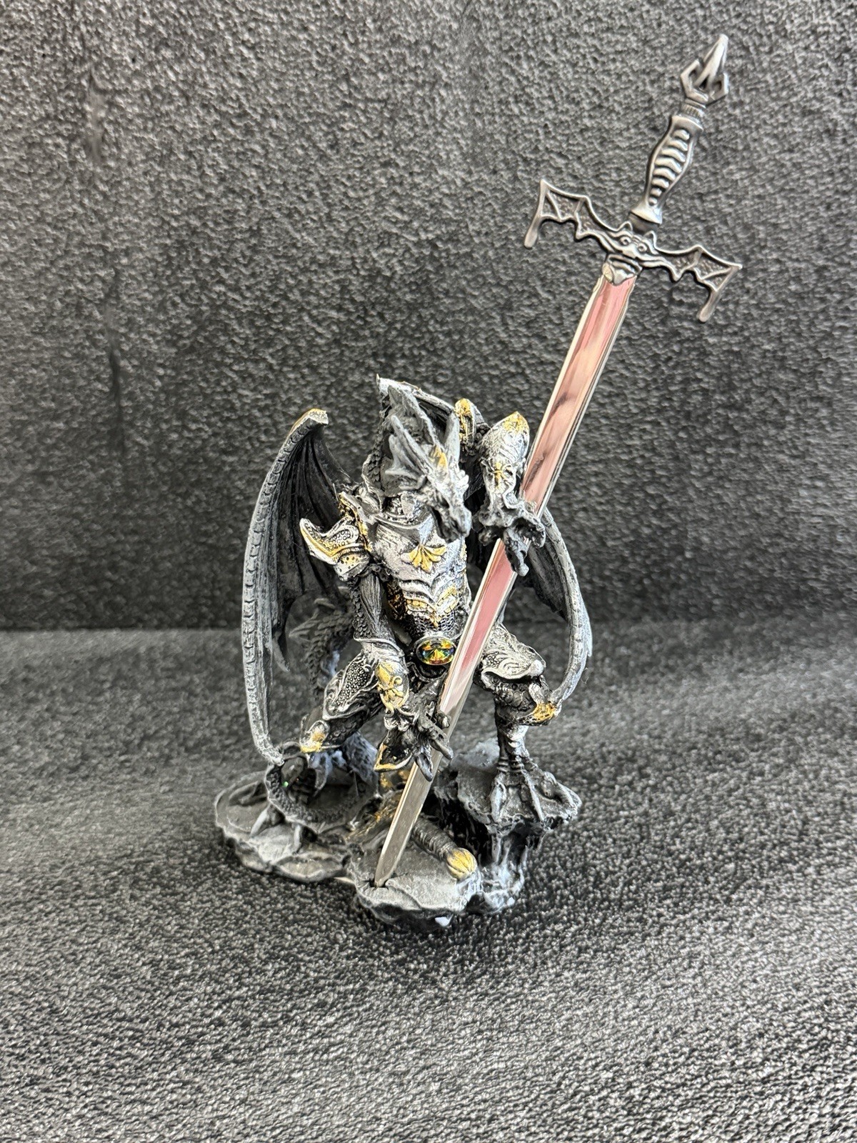 Fantasy Winged Dragon Warrior Statue w/ Sword, Gray/Black w/ Gold Accents