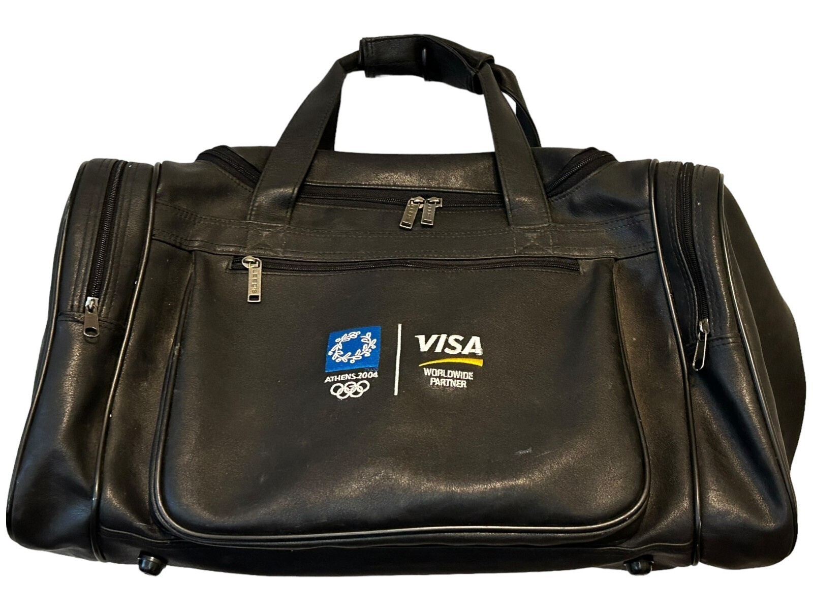 athens 2004 olympics visa black leather duffle bag by Leeds RARE EUC