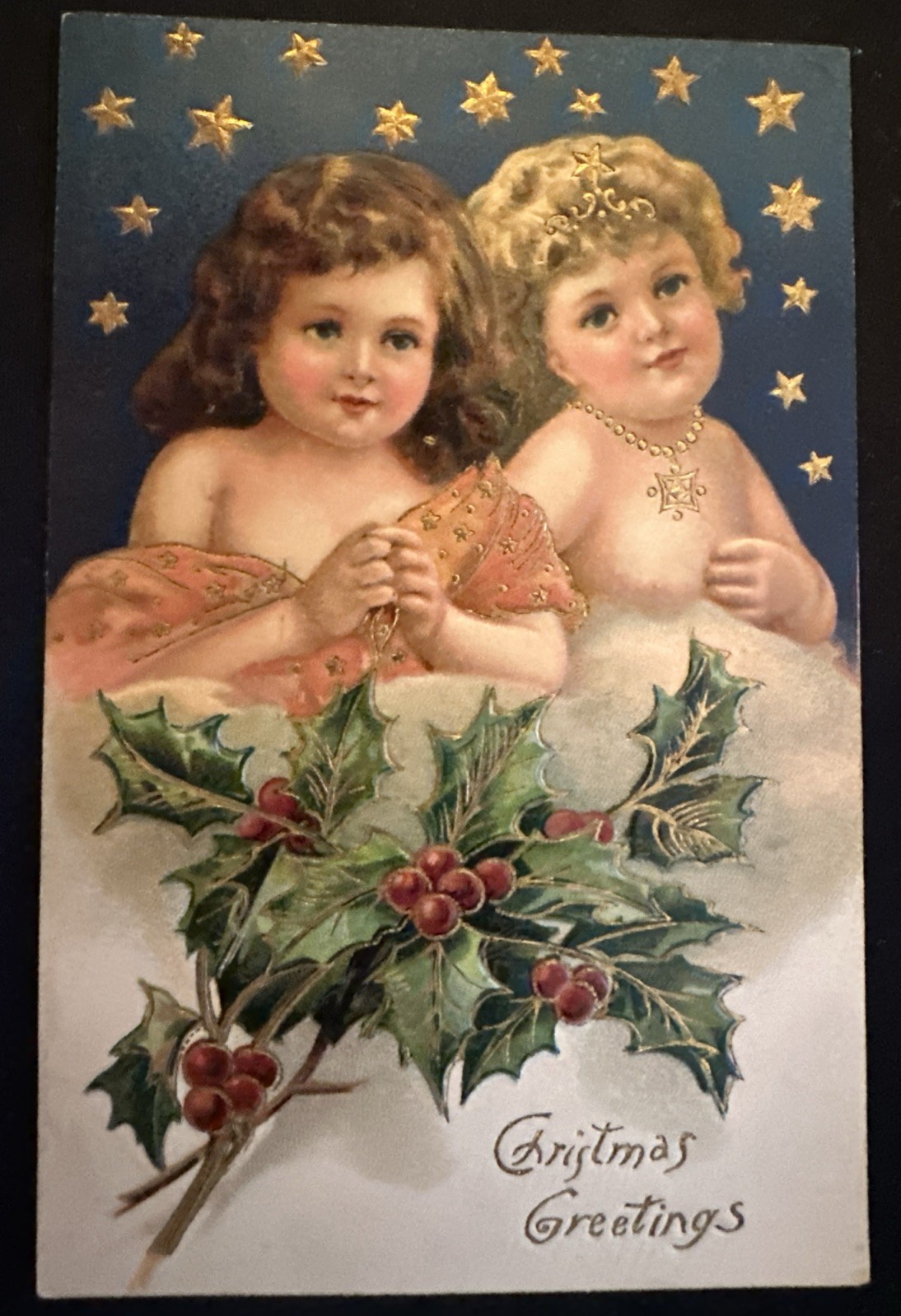 Beautiful ~Children Girls with Holly~Stars~Antique PFB Christmas~Postcard~r558