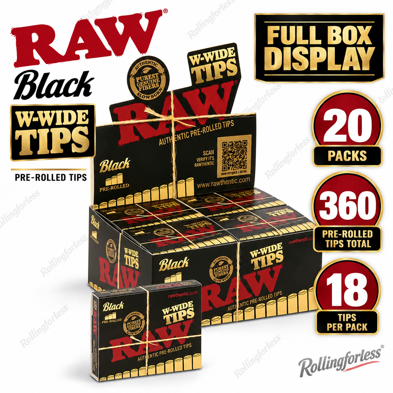 RAW Black W-Wide Pre-Rolled Extra Wide Tips Full Box 20 Packs 360 Total