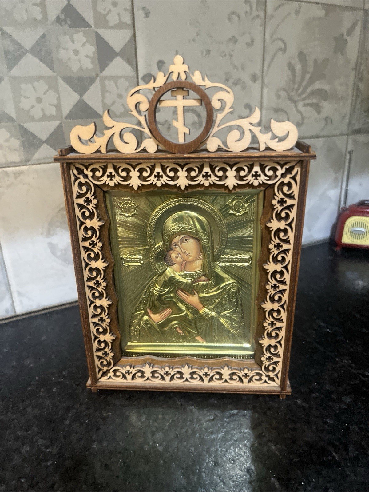 Madonna & Child VTG brass Russian Orthodox Vladimirskaya 1999 inside pic 4.5x5.5