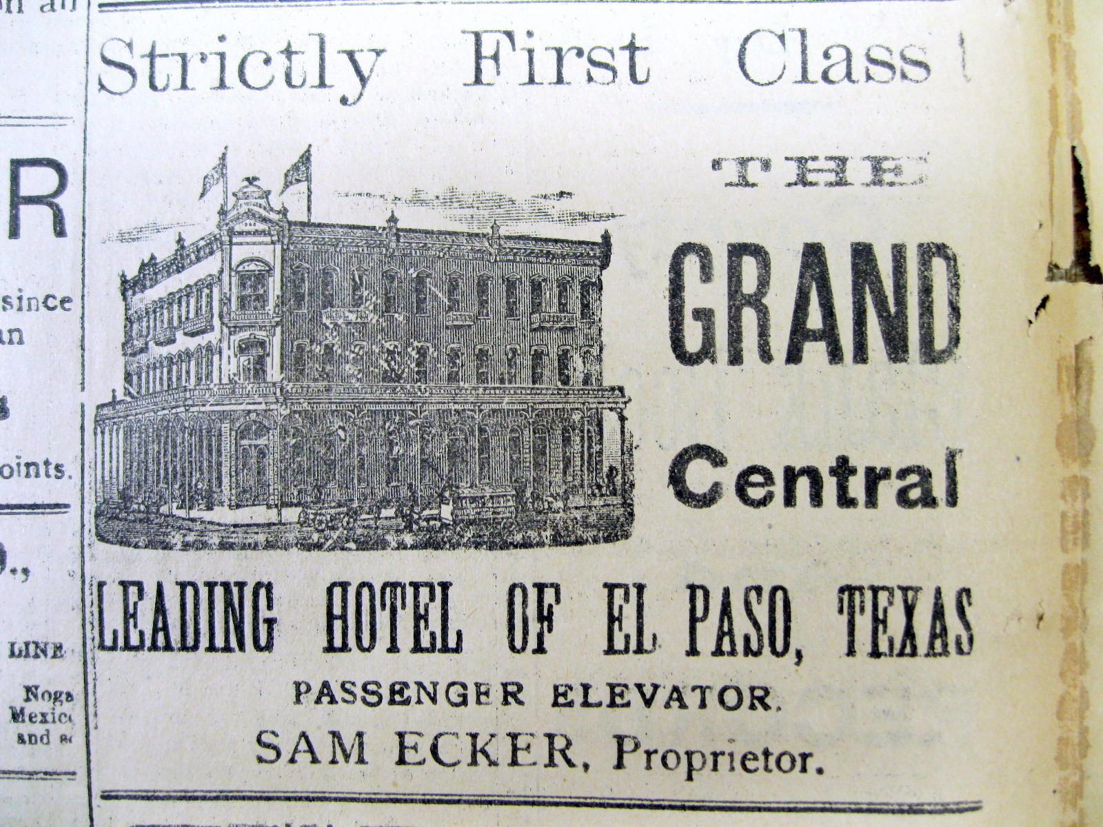 1890 El Paso TEXAS newspaper w large illustrated ad for THE GRAND CENTRAL HOTEL