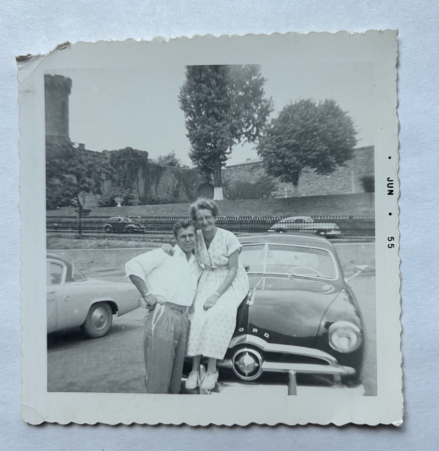 Vtg B&W Snapshot 1955 Couple with Classic Ford Sedan Car Automobile