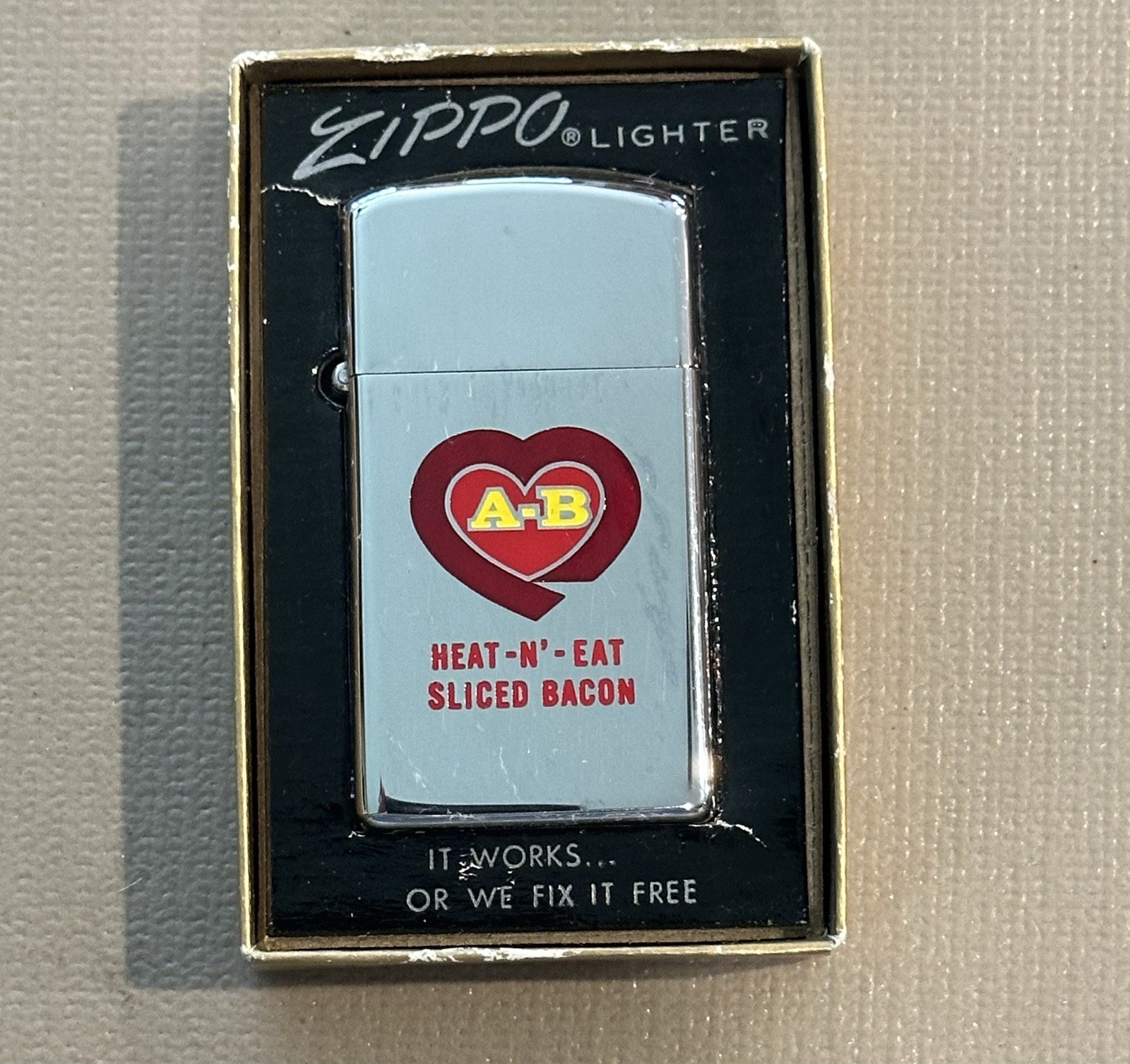 Vintage 1965 A-B Heat N Eat Sliced Bacon Advertising Zippo Slim Lighter MINT