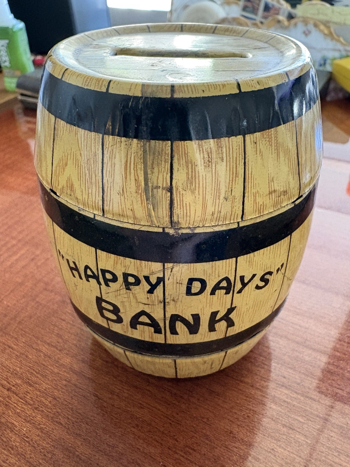 Vintage  J CHEIN Happy Days Bank Metal Barrel Toy Money Coin Safe Box Piggy Bank